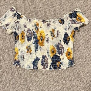 Smocked Off-Shoulder Floral Crop Top - White / Yellow / Navy